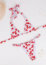 Cherry Print Women's Straps Triangle Two-piece Bikini Swimsuit