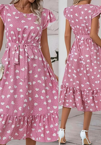Women's Plus-Size Fashion Elegant Round-Neck Belted Heart Print Flying Sleeves Dress