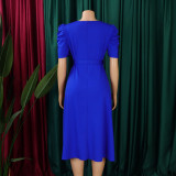 Women's Fashion Pleated Chic Elegant V-neck A-line African Dress