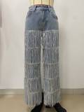 Autumn and Winter Women's Tassel Loose Straight Denim Trousers