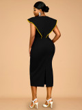 Plus-Size Contrast Flower Ruffle Sleeve Elegant Chic Formal Party Dress