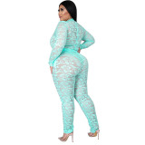 Plus Size Women's Sexy Nightclub Transparent Lace Bodysuit Pants Two-piece Set