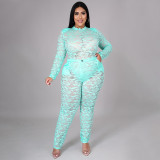Plus Size Women's Sexy Nightclub Transparent Lace Bodysuit Pants Two-piece Set
