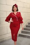 Fashion Turndown Collar Contrast Bell Bottom Sleeve Plus-Size Formal Party Dress