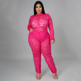 Plus Size Women's Sexy Nightclub Transparent Lace Bodysuit Pants Two-piece Set