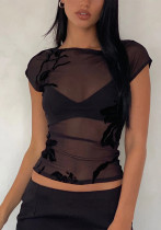 Summer Women's Solid Color Mesh Flocking See-Through Top Summer Women's Solid Color Mesh Flocking See-Through Top