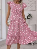 Women's Plus-Size Fashion Elegant Round-Neck Belted Heart Print Flying Sleeves Dress