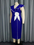 Plus-Size Contrast Flower Ruffle Sleeve Elegant Chic Formal Party Dress