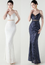Women beaded cross Lace-Up v-neck fishtail Formal Party evening dress