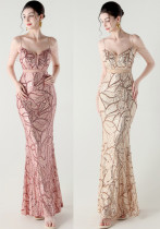 Women beaded cross Lace-Up hollow Patchwork Formal Party evening dress