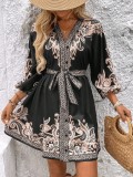 Women Summer Half-Sleeve Lace-Up Dress