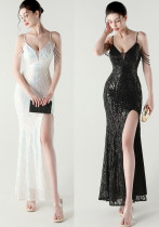 Women Backless Beaded Slit Party Evening Dress