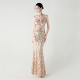 Women beaded cross Lace-Up v-neck fishtail Formal Party evening dress