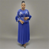 Plus Size Women African pleated Casual irregular Top and Skirt Two Piece Set