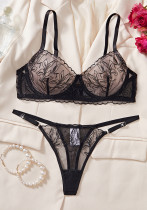 Women hollow mesh flower embroidery gathered bra See-Through Sexy Lingerie Set