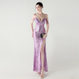 Women Backless Beaded Slit Party Evening Dress