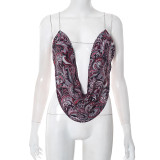 Women Sexy Lace Print Chain Backless Sleeveless Top