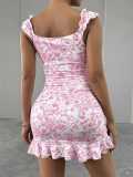 Women Retro Floral Off-shoulder Ruffle Sexy Dress