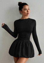 Women Round Neck Long Sleeve Pleated Casual Dress Women Round Neck Long Sleeve Pleated Casual Dress