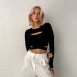 Women Summer Hollow Lace-Up Long Sleeve Round Neck T-shirt Crop Top