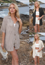 Women Spring Summer Turndown Collar Casual Short Sleeve Knitting Top