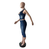 Women Strapless Halter Neck Lace-up Stretch Denim Top and Capri Two Piece Set