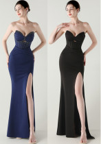 Women herringbone Lace-Up wrapped chest pleated hollow Formal Party evening dress