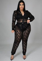 Plus Size Women's Sexy Nightclub Transparent Lace Bodysuit Pants Two-piece Set