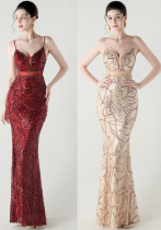 Women See-Through Mesh back cross Lace-Up fishtail sequined evening dress