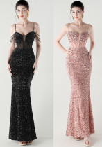 Women herringbone Lace-Up wrapped chest formal Formal Party sequined evening dress