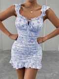 Women Retro Floral Off-shoulder Ruffle Sexy Dress