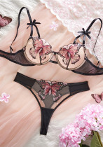Women mesh butterfly embroidery with steel ring sexy See-Through Sexy Lingerie Set