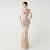Women See-Through Mesh back cross Lace-Up fishtail sequined evening dress