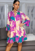 Women Elegant Floral Print V-Neck Patchwork Contrast Color Mini Dress Women Elegant Floral Print V-Neck Patchwork Contrast Color Mini Dress
