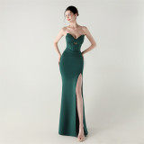 Women herringbone Lace-Up wrapped chest pleated hollow Formal Party evening dress