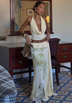 Women Sexy Halter Neck Backless Top Patchwork Mesh Print Slit Skirt Two Piece Set Women Sexy Halter Neck Backless Top Patchwork Mesh Print Slit Skirt Two Piece Set