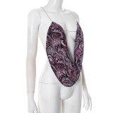 Women Sexy Lace Print Chain Backless Sleeveless Top