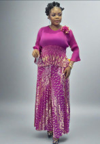 Plus Size Women African pleated Top and printed wide-leg pants Two Piece Set