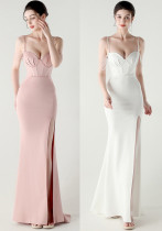 Women lace mesh herringbone Lace-Up beaded Formal Party evening dress