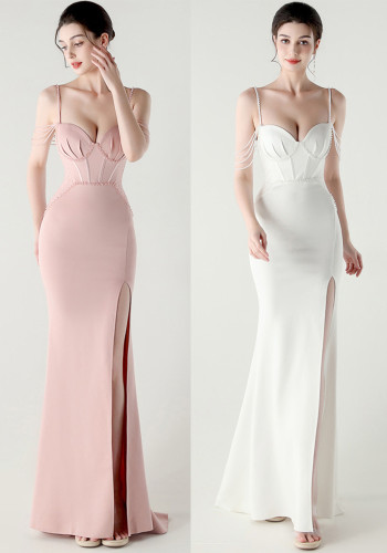 Women lace mesh herringbone Lace-Up beaded Formal Party evening dress
