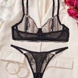 Women hollow mesh flower embroidery gathered bra See-Through Sexy Lingerie Set