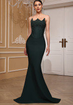 Women Strapless Lace-Up Diamond Fishtail Evening Dress
