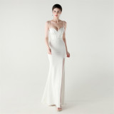 Women lace mesh herringbone Lace-Up beaded Formal Party evening dress