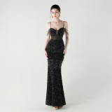 Women herringbone Lace-Up wrapped chest formal Formal Party sequined evening dress