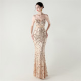 Women beaded cross Lace-Up hollow Patchwork Formal Party evening dress