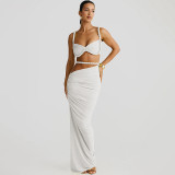 Women Spring Sexy Solid Backless Top and Bodycon Skirt Two-piece Set