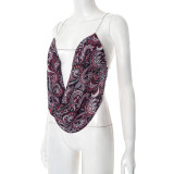 Women Sexy Lace Print Chain Backless Sleeveless Top