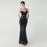 Women beaded cross Lace-Up v-neck fishtail Formal Party evening dress