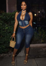 Women Strapless Halter Neck Lace-up Stretch Denim Top and Capri Two Piece Set Women Strapless Halter Neck Lace-up Stretch Denim Top and Capri Two Piece Set