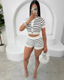 Women Short Sleeve Striped Top and Shorts Two Piece Set